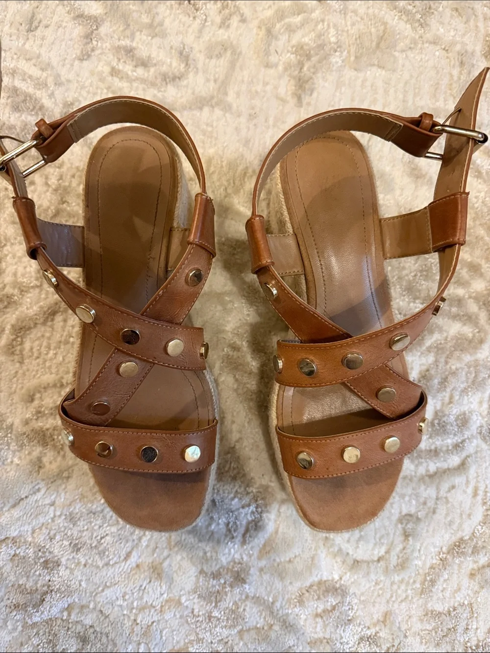Women's Tan Studded Espadrille Wedge Sandals